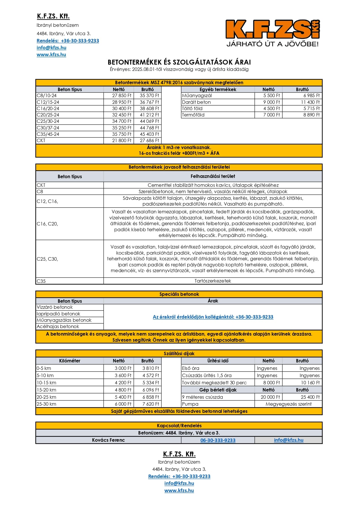 Betonüzem árak - K.F.ZS. Kft.